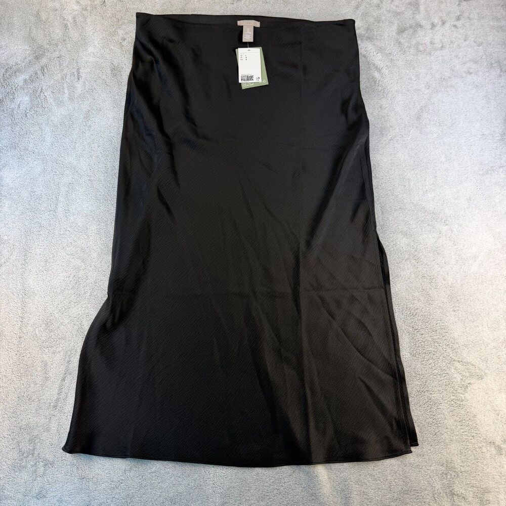 H&M Womens L Black Satin Midi Maxi Skirt Side Slit Zipper Textured NWT